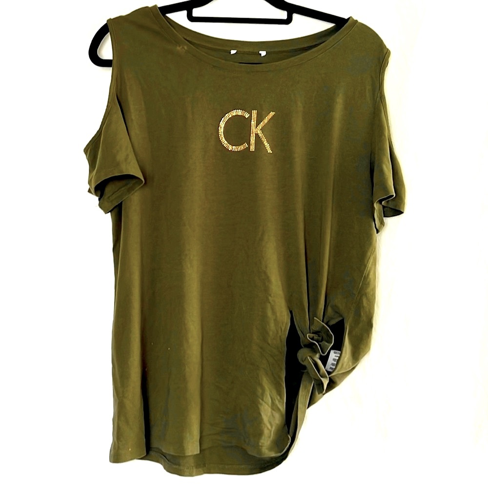 🌞  Calvin Klein olive green cold shoulder tunic tee crew neck waist tie women L